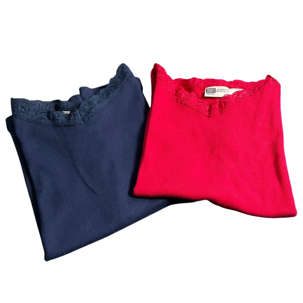 VTG Y2K‎ 90s Woman Tank Top Lace Trim Red Blue Plus Size 22W/24W Set of 2